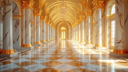 Opulent hallway with marble floors, golden columns, and ornate ceilings bathed in warm sunlight
