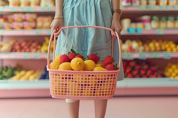 A young woman holds a basket of fruit in her hands in a grocery store. The Bountiful Harvest