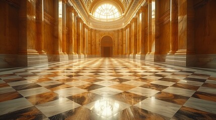 Grand hallway, checkered floor, marble columns, arched ceiling, radiant sunlight, ornate architecture, and a sense of opulence - obrazy, fototapety, plakaty