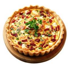 Extreme front view of a sun-dried tomato and goat cheese quiche on a wooden tray plate isolated on a white transparent background. 
