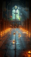 Serene church interior, candles line the aisle, stained glass window, beams of light shining through