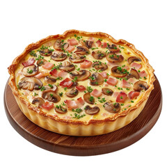 Extreme front view of a savory ham and mushroom quiche on a wooden tray plate isolated on a white transparent background. 