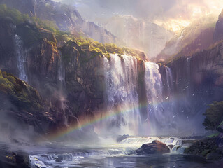 An enchanting image displaying a sun-kissed waterfall surrounded by vibrant greenery with a colorful rainbow spanning the watery mist - obrazy, fototapety, plakaty