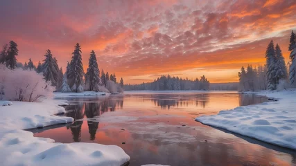 Fotobehang A stunning winter wonderland, with snow-covered trees and a frozen lake reflecting the pink and orange hues of the setting sun. © Sabir