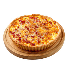 Extreme front view of a savory bacon and cheddar quiche on a wooden tray plate isolated on a white transparent background. 