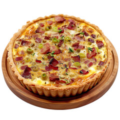 Extreme front view of a savory bacon and leek quiche on a wooden tray plate isolated on a white transparent background. 