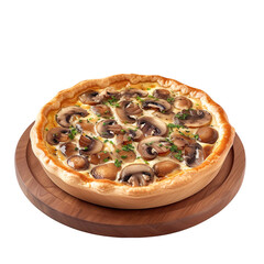 Extreme front view of a rustic mushroom and gruyere quiche on a wooden tray plate isolated on a white transparent background. 