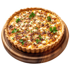 Extreme front view of a mouthwatering caramelized onion and goat cheese quiche on a wooden tray plate isolated on a white transparent background. 
