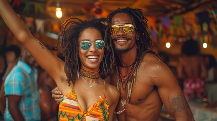 Two joyful individuals with sunglasses are embracing at a vibrant, festive event, exuding happiness and togetherness - obrazy, fototapety, plakaty