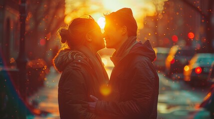 Two people embrace, foreheads touching, with a sunset backdrop, amidst floating particles, conveying warmth and affection