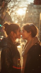 Two people facing each other with a sunset behind them on a city street, smiling close