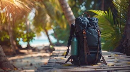 Backpack positioned against a backdrop of a beautiful beach view, embodying adventure and relaxation in one scenic shot.
 - obrazy, fototapety, plakaty