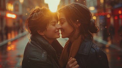 Two people affectionately touching foreheads, sunset backlight, urban setting, warm tones, sparkling light, close emotional connection