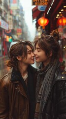Two individuals intimately facing each other, smiling with foreheads touching, in a rainy, neon-lit street setting