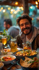 Smiling person at a cozy restaurant with colorful plates of food and ambient light strings