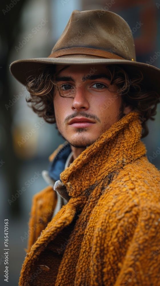 Canvas Prints Young man with curly hair, wearing a brown hat and a textured orange jacket, poses outdoors - Canvas Prints