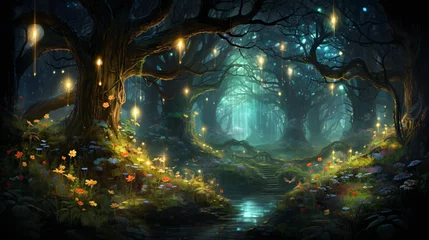 Selbstklebende Fototapeten An enchanted forest with magical creatures and glowing © Jafger