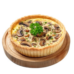 Extreme front view of a flavorful mushroom and Swiss quiche on a wooden tray plate isolated on a white transparent background. 