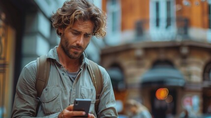 Man with curly hair is focused on his smartphone in a busy urban street setting - obrazy, fototapety, plakaty