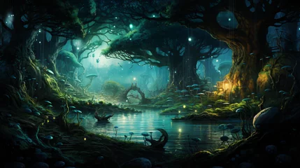 Tuinposter An enchanted forest with magical creatures and glowing © Jafger