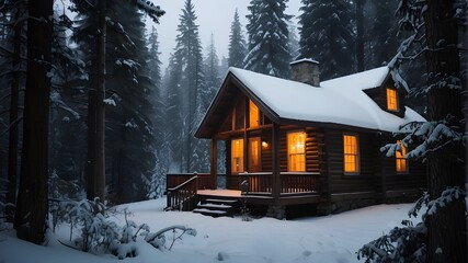 house in the woods, Default_A_cozy_cabin_in_the_midst_of_a_snowy_forest_with_smoke_0 