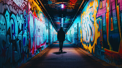 Obraz premium a solitary figure walking through a corridor of vibrant graffiti-covered walls, their silhouette illuminated by the colorful street art