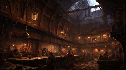Fototapeta na wymiar An illustration of the big medieval fantasy tavern. ..