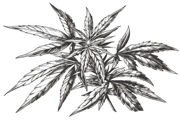 Hand drawn cannabis. Black ink line sketch of marijuana isolated on white background .