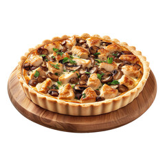 Extreme front view of a delectable chicken and mushroom quiche on a wooden tray plate isolated on a white transparent background. 