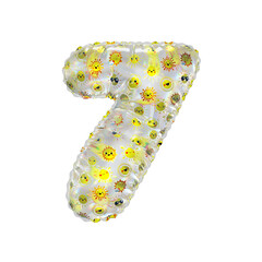 3D inflated balloon Number 7 with rainbow  transparent glass and yellow sun smiley childrens pattern