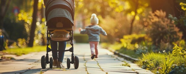 mother enjoying a walk with her baby in a stroller along a park's pathway, shaded by trees - obrazy, fototapety, plakaty