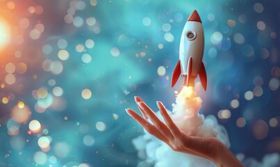 Fototapeta premium toy rocket being launched from a hand against a starry and nebulous space background