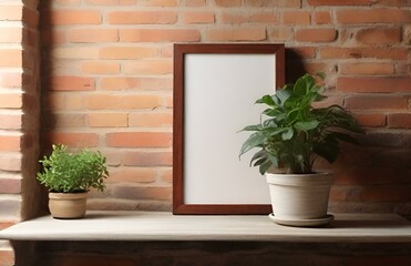One light wood thin rectangular vertical empty frame hanging on a white textured wall mock up.