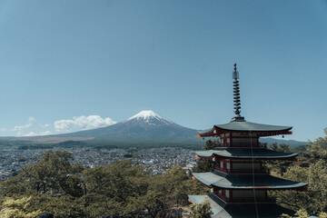 fuji mountain and pagoda with clear sky - japan