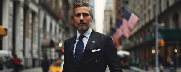 Well-dressed man in a suit walks with purpose on a New York City street with american flag in...