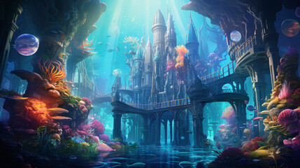 An underwater city with transparent domes and colorful - obrazy, fototapety, plakaty
