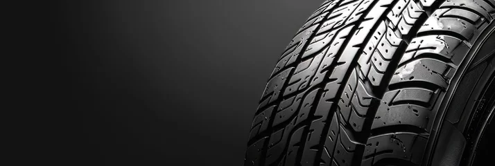 Fotobehang Single tire is shown against black background. © VISUAL BACKGROUND