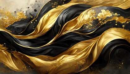 floral design golden and black silk fabric splatter art style