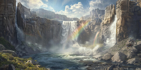 This digital painting illustrates a commanding waterfall beneath a blue sky, highlighted by the presence of a rainbow - obrazy, fototapety, plakaty