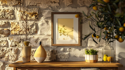smooth light-wooden photo frame hung on a country-side wall