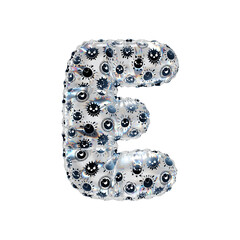 3D inflated balloon letter E with rainbow  transparent glass and black sun smiley childrens pattern