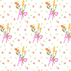 Seamless pattern with wild flowers. Summer floral background in retro style. Decorated backdrop for wallpaper and fabric with a bouquet. For bed linen, fabric and clothing. Vector illustration