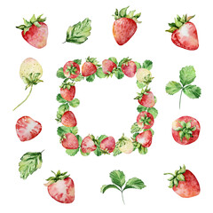 Watercolor strawberries wreath, red berries