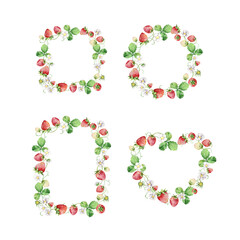 Watercolor strawberries wreath, red berries