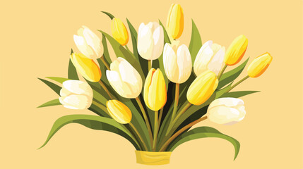 A bouquet of yellow and white tulips on a yellow background