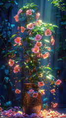 Obraz na płótnie Canvas Blooming flowers on an illuminated plant - A radiant bushel of flowers blooms vibrantly, its petals illuminated by soft light amongst shadows