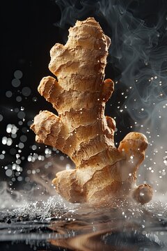 A piece of ginger root amidst a mist of water droplets, its rugged texture standing out against the black, 3D rendering , realistic illustration style  , low noise , low texture movie lighting