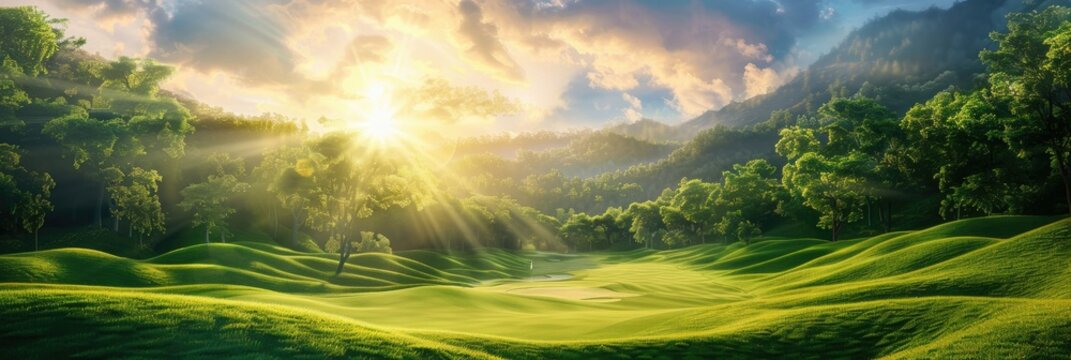 Breathtaking golf course with dramatic sky at sunrise - Panoramic image of a serene golf course with undulating hills under a spectacular sunrise, symbolizing tranquility and recreation