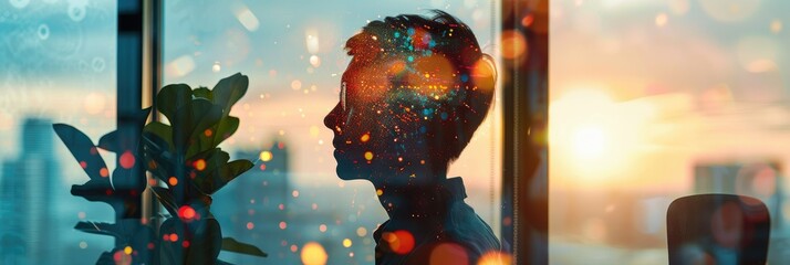 Double exposure portrait with urban skyline - A creative double exposure portrait merging a man's silhouette with a bustling cityscape and digital elements