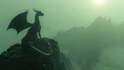  Dragon silhouette on a misty mountain range - In a mystical scene, a dragon silhouette stands on the precipice of a mountain, shrouded in green tones and fog © Mickey